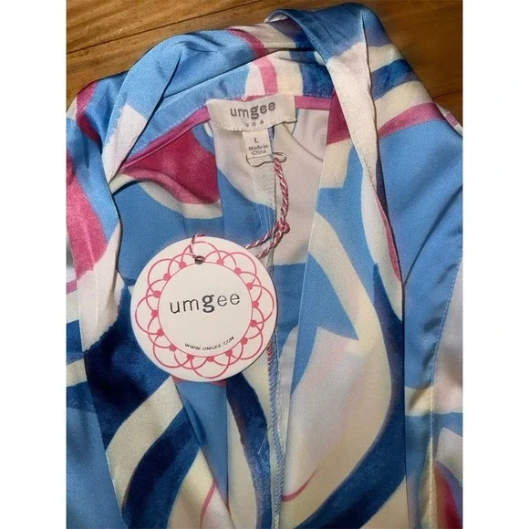 Umgee Dress Womens Size L Blue Abstract Midi V-Neck Kimono Sleeve Slits flowy - Picture 3 of 5